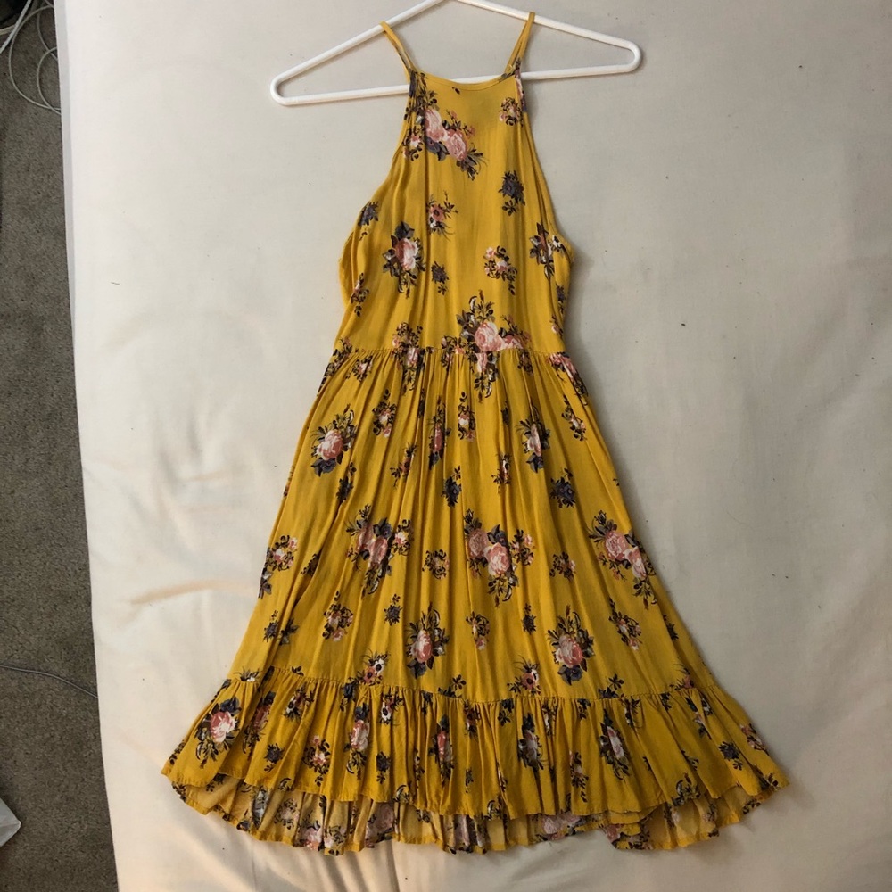 Yellow Mustard Floral Ruffle Hem Halter Dress